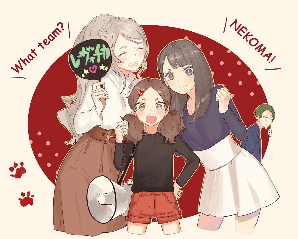 ..., 1boy, 3girls, age_difference, belt, belt_buckle, black_shirt, blue_shirt