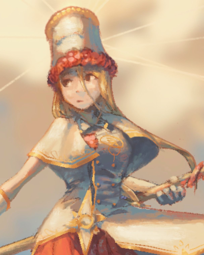 1girl, blonde_hair, blurry, blurry_background, brown_eyes, capelet, closed_mouth, cropped