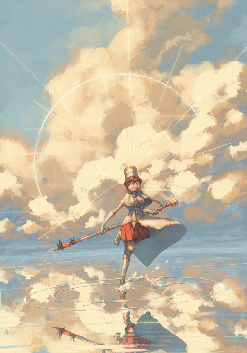 1girl, blonde_hair, boots, brown_eyes, capelet, closed_mouth, clouds, cloudy_sky, cumulonimbus_cloud, elbow_gloves, fantasy, flower, flower_trim, gloves, glowing, hair_between_eyes, high_heel_boots, high_heels, highres, holding, holding_staff, irden_(zeniyan), knee_boots, long_hair, original, painterly, priest, red_flower, red_skirt, reflection, ripples, skirt, sky, solo, staff, water, white_capelet, white_footwear, white_gloves, white_headwear, zeniyan