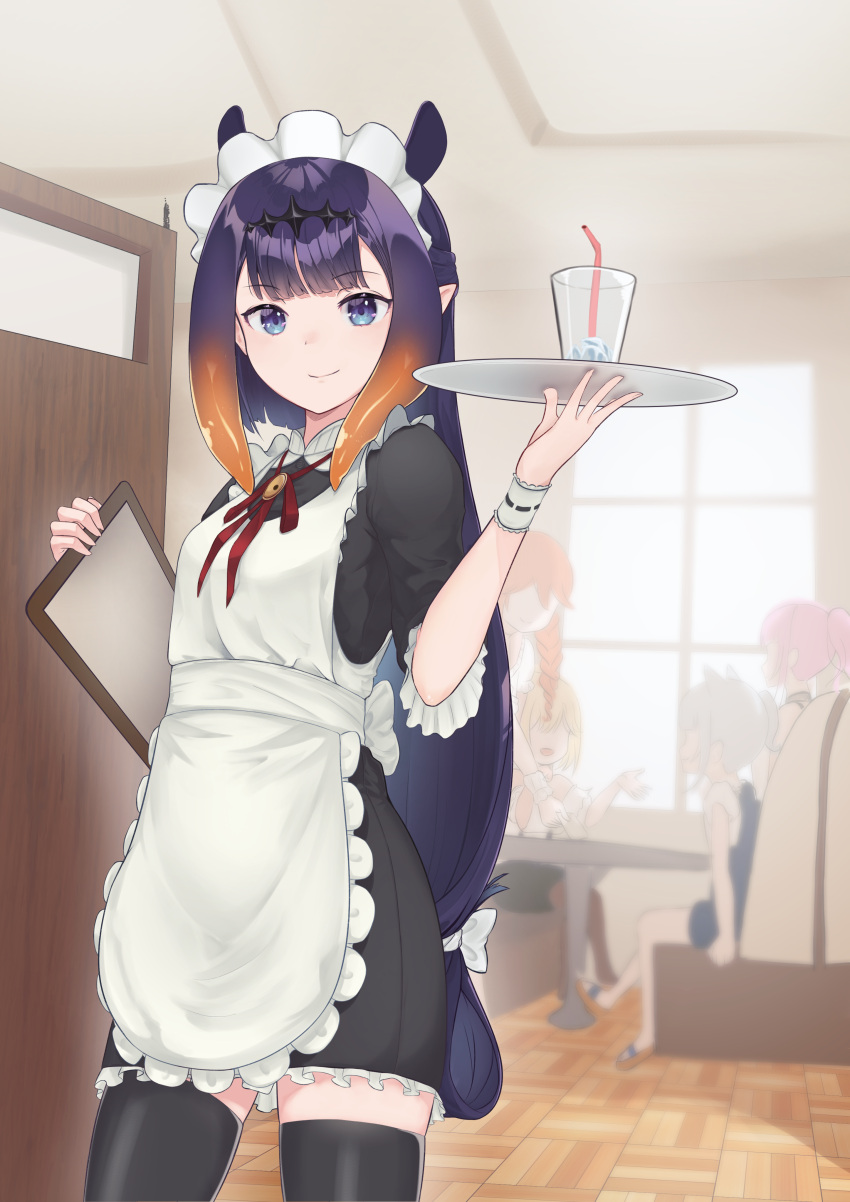 5girls, absurdres, alternate_costume, alternate_hairstyle, apron, black_dress, black_legwear, bloom