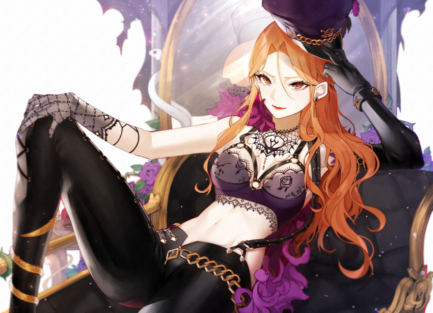1girl, alternate_costume, black_gloves, bracelet, breasts, brown_eyes, chain_belt, chair