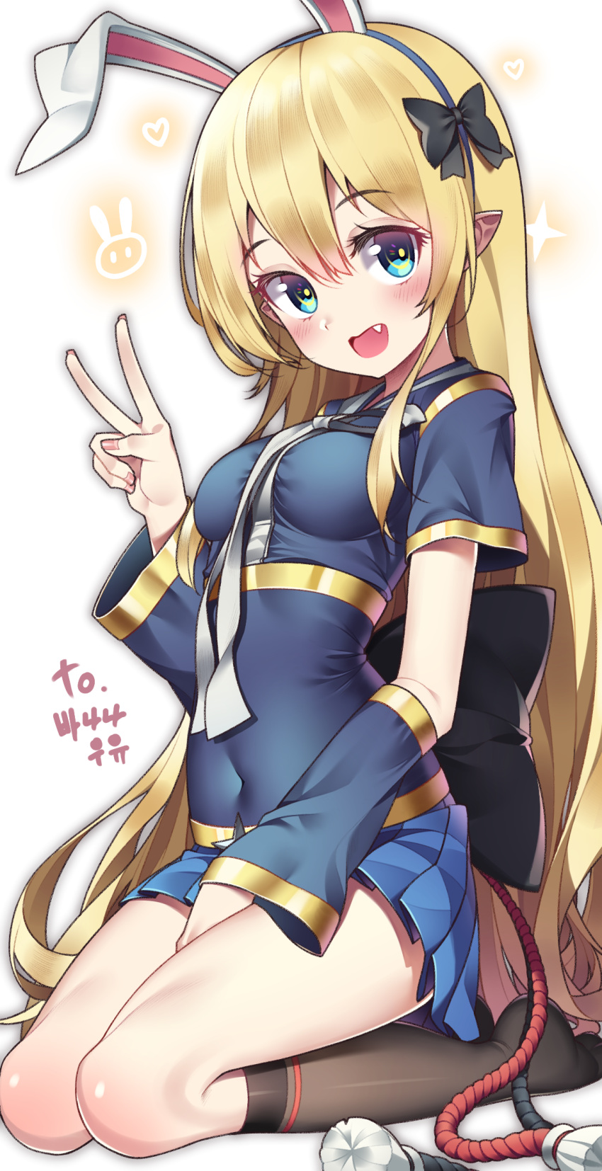 1girl, animal_ears, between_legs, blonde_hair, blue_eyes, blue_shirt, blue_skirt, bow