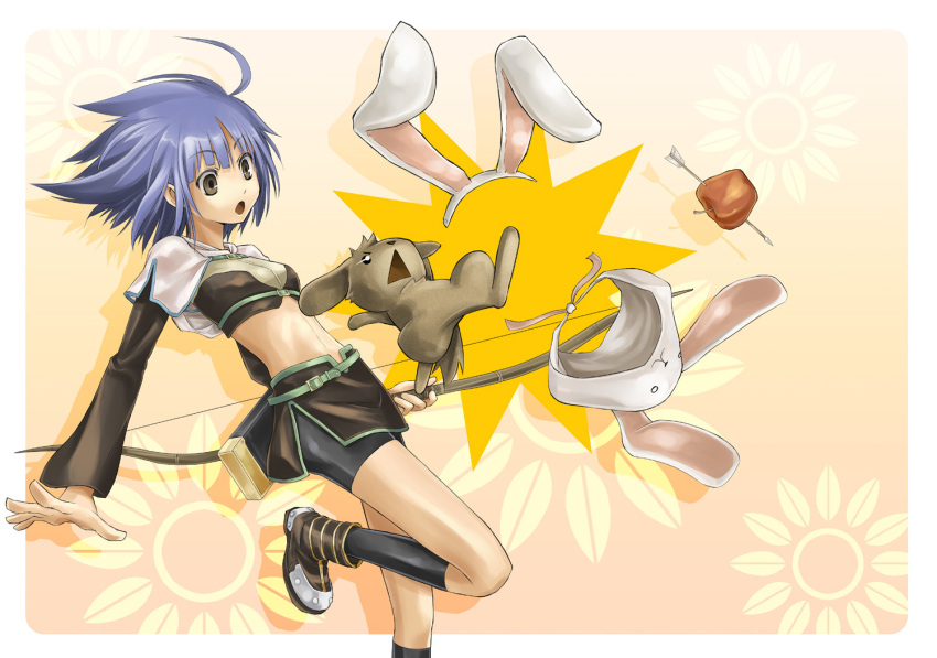 1girl, animal_ears, animal_hat, apple_o_archer, arrow_(projectile), bangs, black_legwear, black_shorts