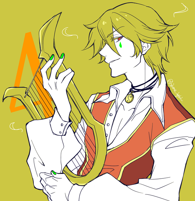 1boy, alphoccio_basil, bangs, bio_lab, blonde_hair, brown_vest, colored_skin, commentary_request