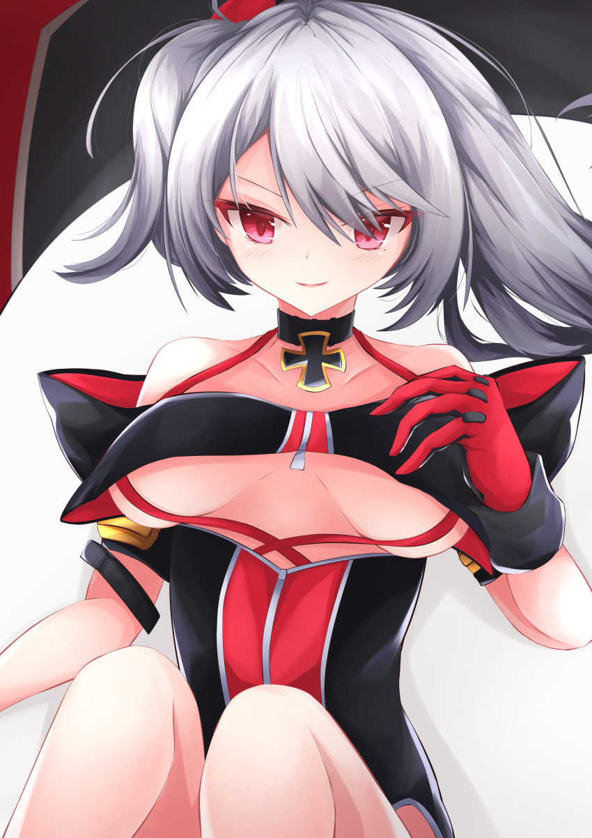 1girl, absurdres, asymmetrical_hair, azur_lane, bare_shoulders, black_choker, black_swimsuit, blush