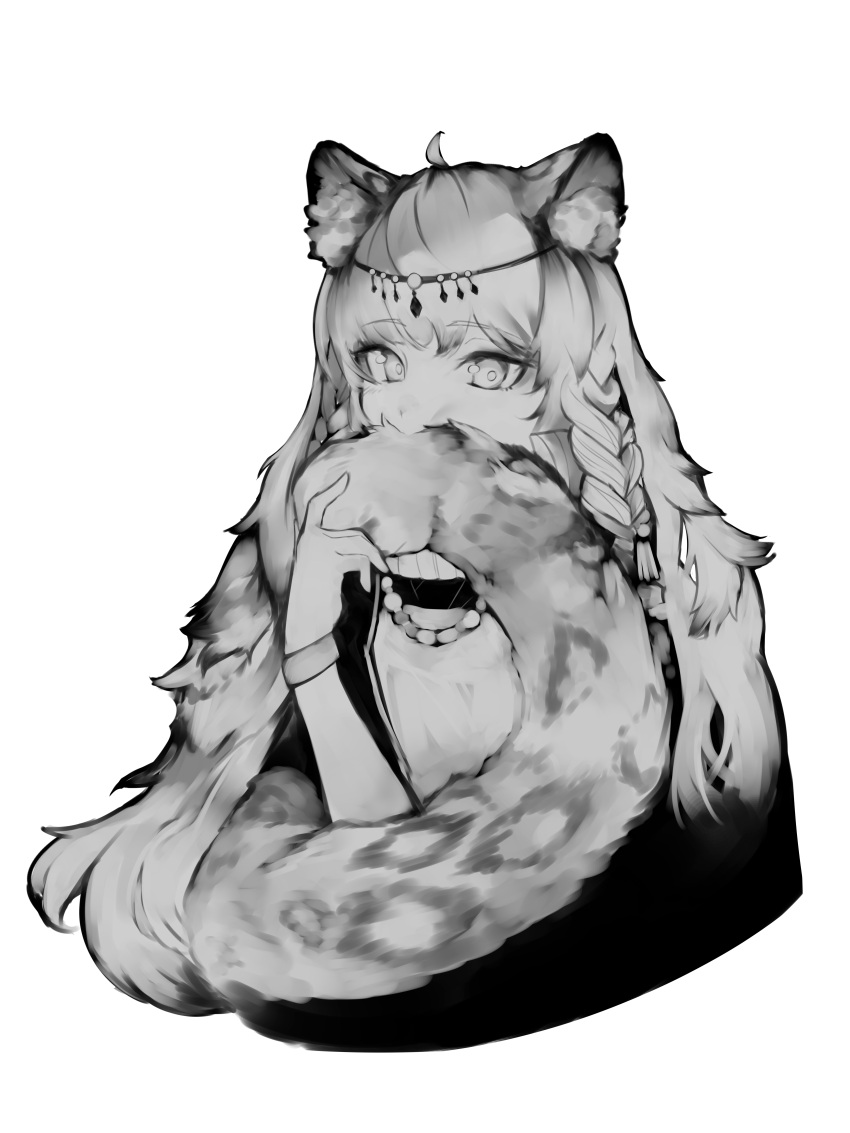 1girl, absurdres, animal_ear_fluff, animal_ears, arknights, bangs, bead_necklace, beads, black_cape, cape, cat_ears, covering_mouth, grey_eyes, greyscale, head_chain, highres, holding_tail, jewelry, leopard_ears, leopard_girl, leopard_tail, long_hair, looking_at_viewer, monochrome, necklace, pramanix_(arknights), side_braids, solo, spotted_fur, tail, tail_on_face, turtleneck_dress, upper_body, vantsuki, wristband