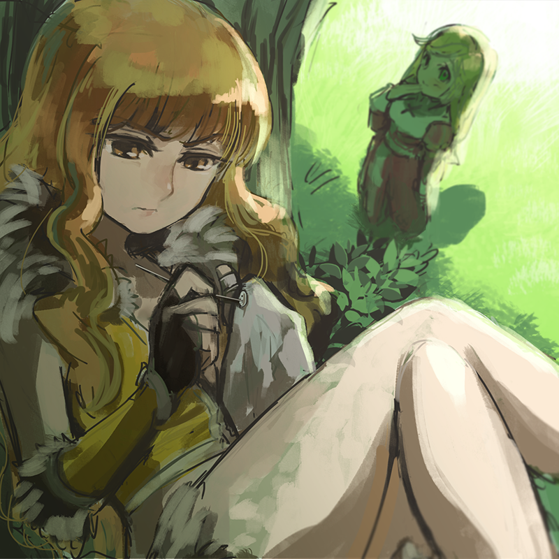 2girls, bangs, bergamot_honda, blonde_hair, blue_eyes, blunt_bangs, brown_gloves, cecil_damon, closed_mouth, commentary_request, crop_top, cross, cross_necklace, crossed_legs, dress, feet_out_of_frame, fingerless_gloves, full_body, fur-trimmed_gloves, fur-trimmed_shirt, fur-trimmed_shorts, fur_trim, gloves, high_priest_(ragnarok_online), in_tree, jewelry, juliet_sleeves, long_hair, long_sleeves, looking_at_another, margaretha_solin, multiple_girls, necklace, puffy_sleeves, ragnarok_online, red_dress, sash, shirt, shorts, sidelocks, sitting, sitting_in_tree, sleeveless, sleeveless_shirt, smile, sniper_(ragnarok_online), tree, two-tone_dress, two-tone_gloves, white_dress, white_sash, yellow_gloves, yellow_shirt