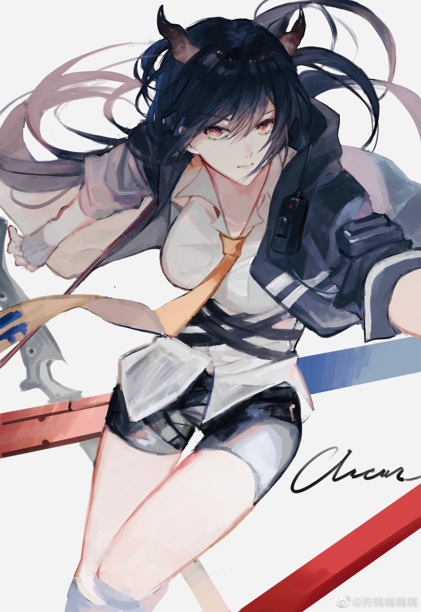 1girl, absurdres, arknights, black_shorts, blue_hair, blue_jacket, ch'en_(arknights), chi_xiao_(arknights)