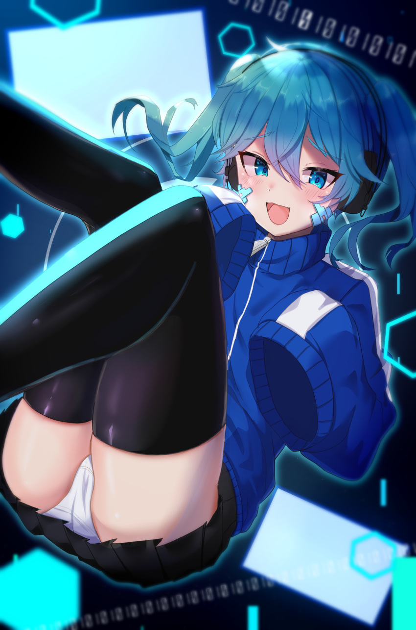 1girl, :d, absurdres, ass, binary, black_legwear, black_skirt, blue_eyes