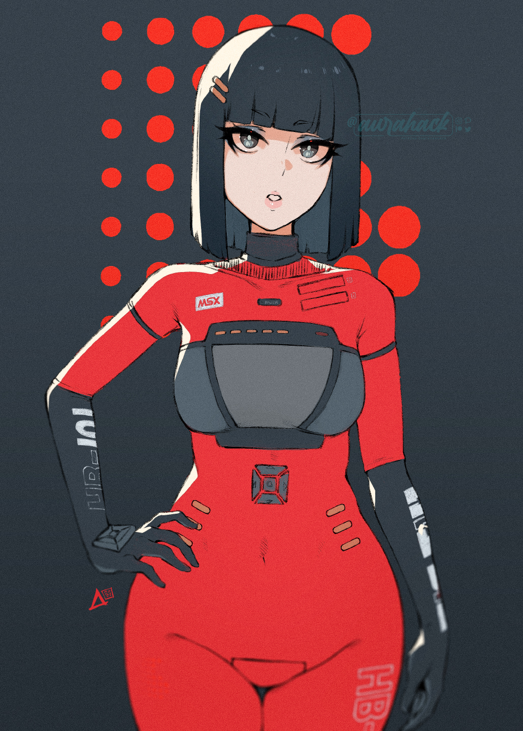 1chip_msx, 1girl, armor, aurahack, bangs, black_background, black_gloves, black_hair, blunt_bangs, bodysuit, breastplate, breasts, crotch_plate, d-pad, elbow_gloves, eyebrows_visible_through_hair, eyeshadow, gloves, grey_eyes, hair_ornament, hairclip, hand_on_hip, highres, makeup, medium_hair, microcomputer, msx, os-tan, personification, red_eyes, small_breasts, solo, straight_hair, thigh_gap, watermark, wide_hips