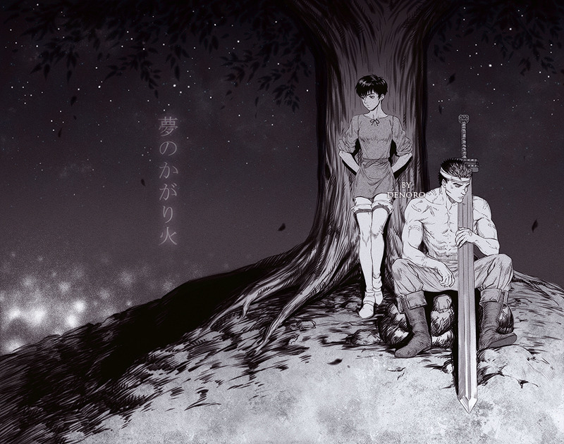 1boy, 1girl, berserk, boots, casca_(berserk), denoro, guts_(berserk), night
