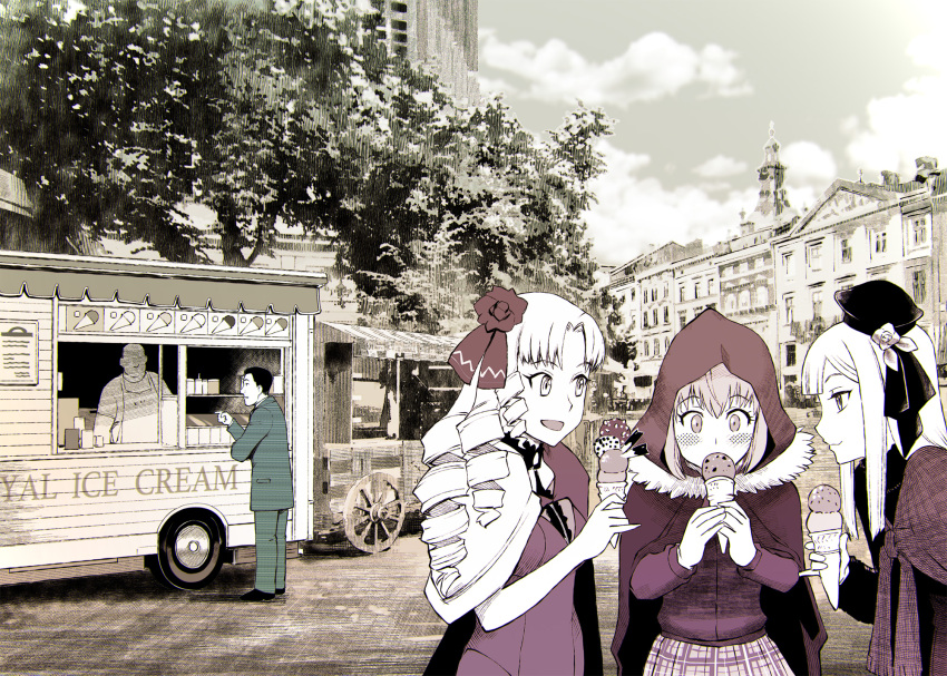 3girls, bow, cape, character_request, cloak, closed_mouth, crossover, dress