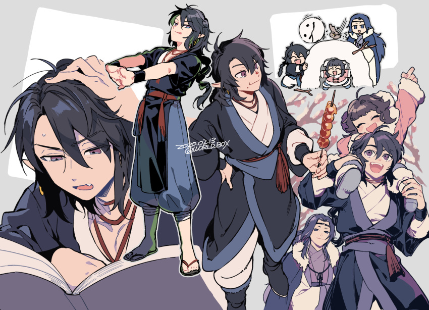 1girl, 2boys, black_footwear, black_hair, book, boots, carrying, closed_eyes