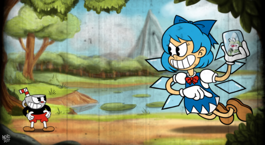 1930s_(style), 1boy, 1girl, andro_juniarto, blouse, blue_dress, blue_eyes, blue_hair