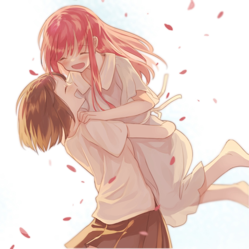 2girls, :d, ^_^, barefoot, brown_hair, closed_eyes, hug, inuko_(ink0425), lifting_person, long_hair, multiple_girls, open_mouth, original, petals, redhead, short_hair, smile, yuri