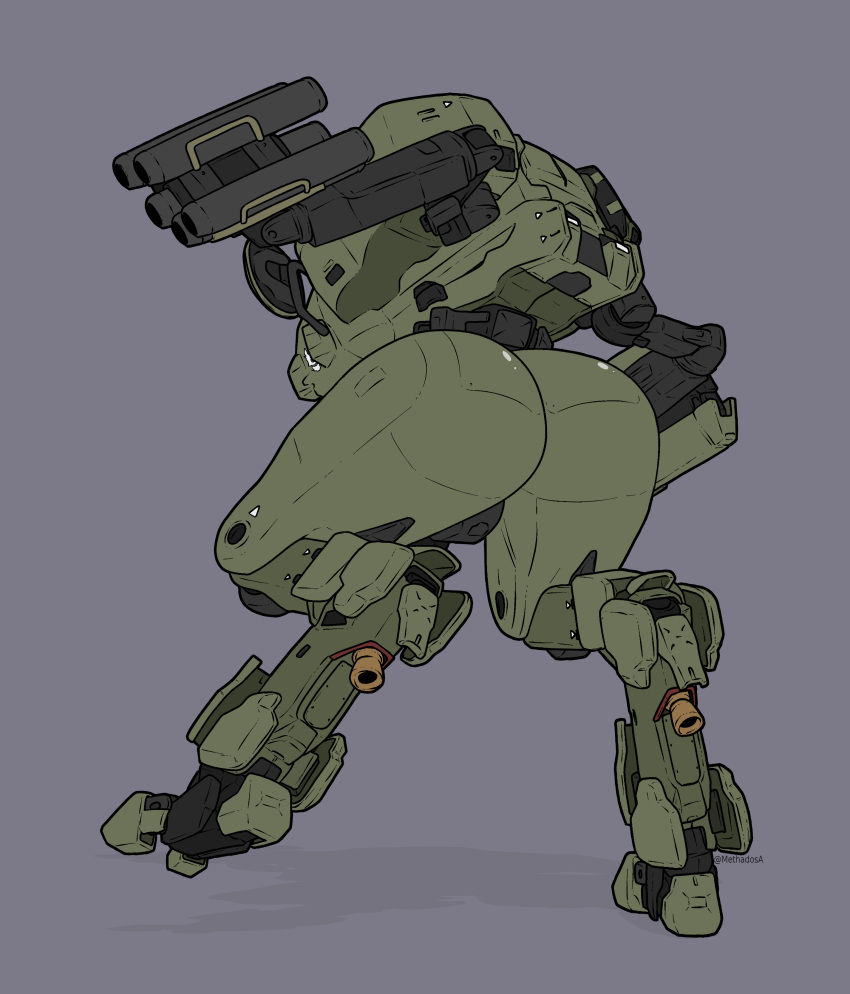 absurdres, arm_cannon, ass, ass_focus, english_commentary, from_behind, grey_background, halo_(game), halo_4, highres, looking_down, mantis_(halo), mecha, methados, no_humans, pun, science_fiction, shadow, solo, standing, standing_on_one_leg, weapon