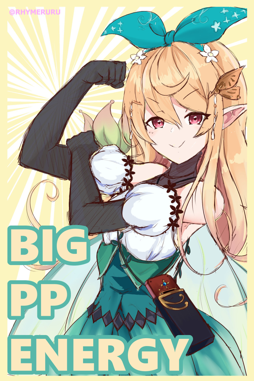 1girl, absurdres, aqua_ribbon, bangs, black_gloves, blonde_hair, catchphrase, clenched_hand