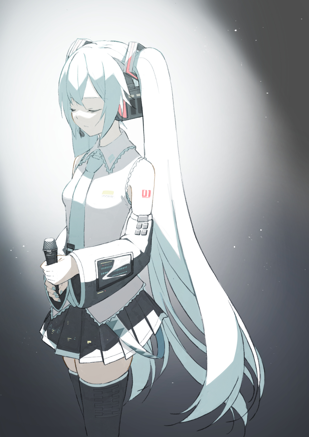 1girl, aqua_hair, aqua_nails, aqua_neckwear, bare_shoulders, belt, black_background, black_legwear