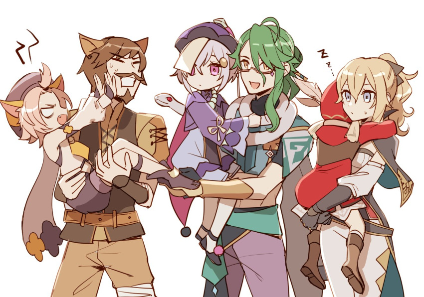 2boys, 4girls, :d, ahoge, animal_ears, baizhu_(genshin_impact), bangs, bead_necklace