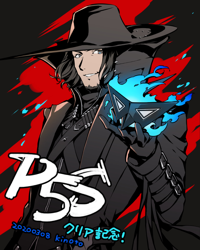 ammunition, ammunition_belt, arm_up, bandolier, beard, black_coat, black_gloves, black_headwear, black_jacket, black_mask, blue_fire, brown_hair, coat, collar, collared_coat, collared_jacket, dated, facial_hair, fire, floating, floating_object, gloves, goatee, hasegawa_zenkichi, hat, high_collar, jacket, kizdollark, large_hat, long_sleeves, male_focus, mask, open_mouth, persona, persona_5, persona_5_scramble:_the_phantom_strikers, pointy_hat, simple_background, smile, tassel, teeth, trench_coat, two-tone_background, watermark, wavy_hair