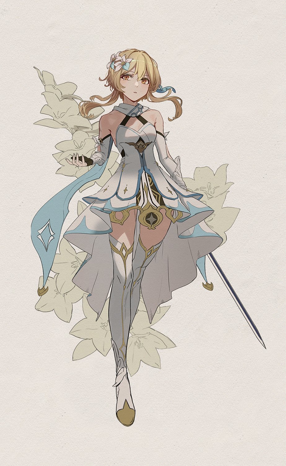 1girl, bare_shoulders, black_gloves, blonde_hair, daniel_deng, detached_sleeves, dress, feather_hair_ornament