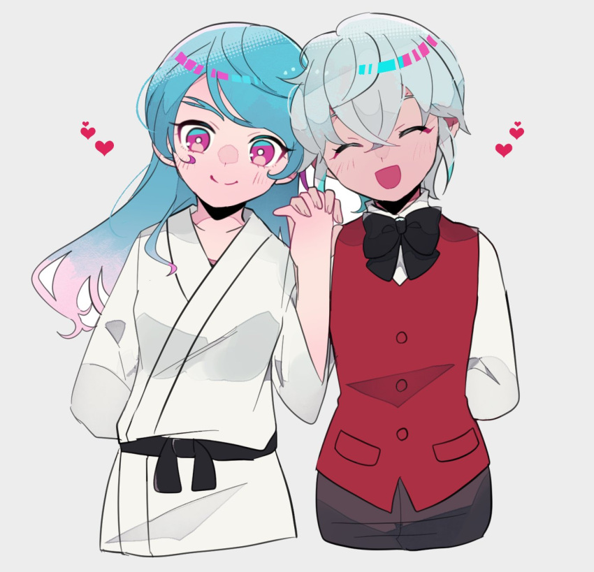 2girls, blue_hair, grey_hair, holding_hands, kamijou_haruka, long_hair, multiple_girls, mutsuba_asana