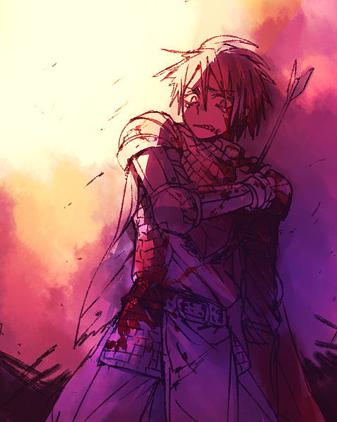 1boy, armor, arrow_in_body, arutopian, bangs, blood, bloody_clothes, chainmail