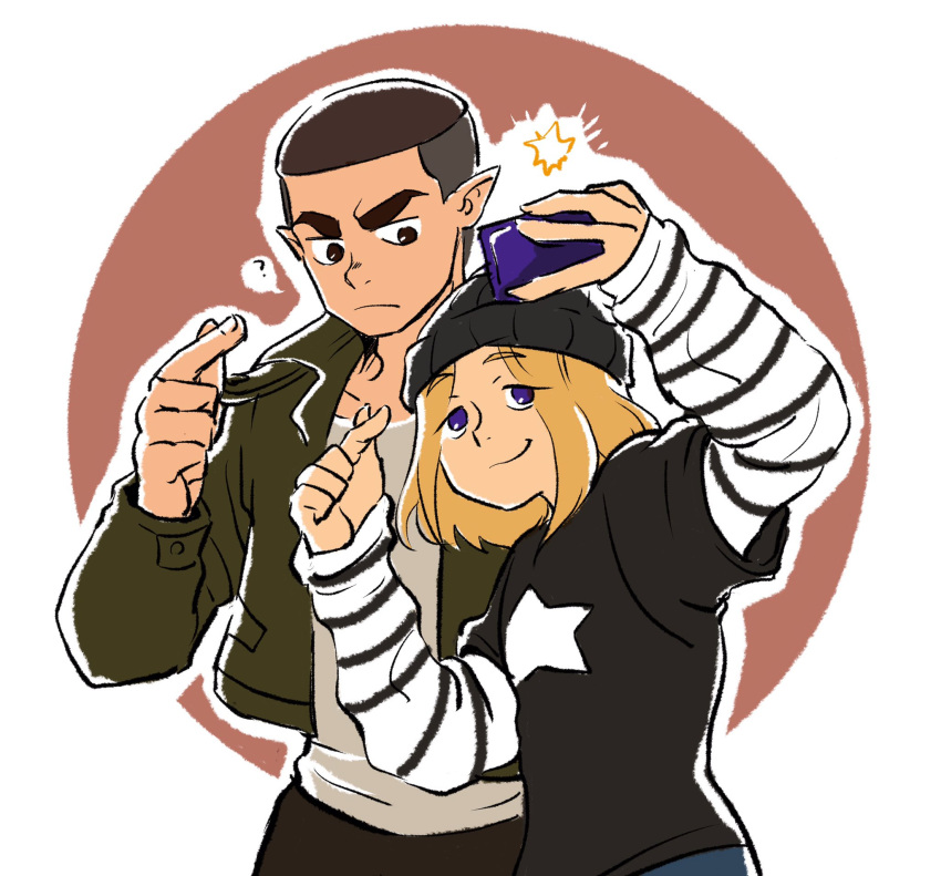 2boys, ?, a'he_(the_legend_of_luoxiaohei), beanie, black_headwear, blonde_hair, blue_eyes, brown_hair