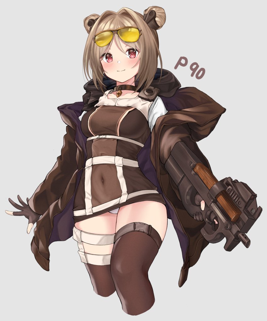 1girl, absurdres, blush, breasts, brown_hair, bullpup, character_name, commentary_request