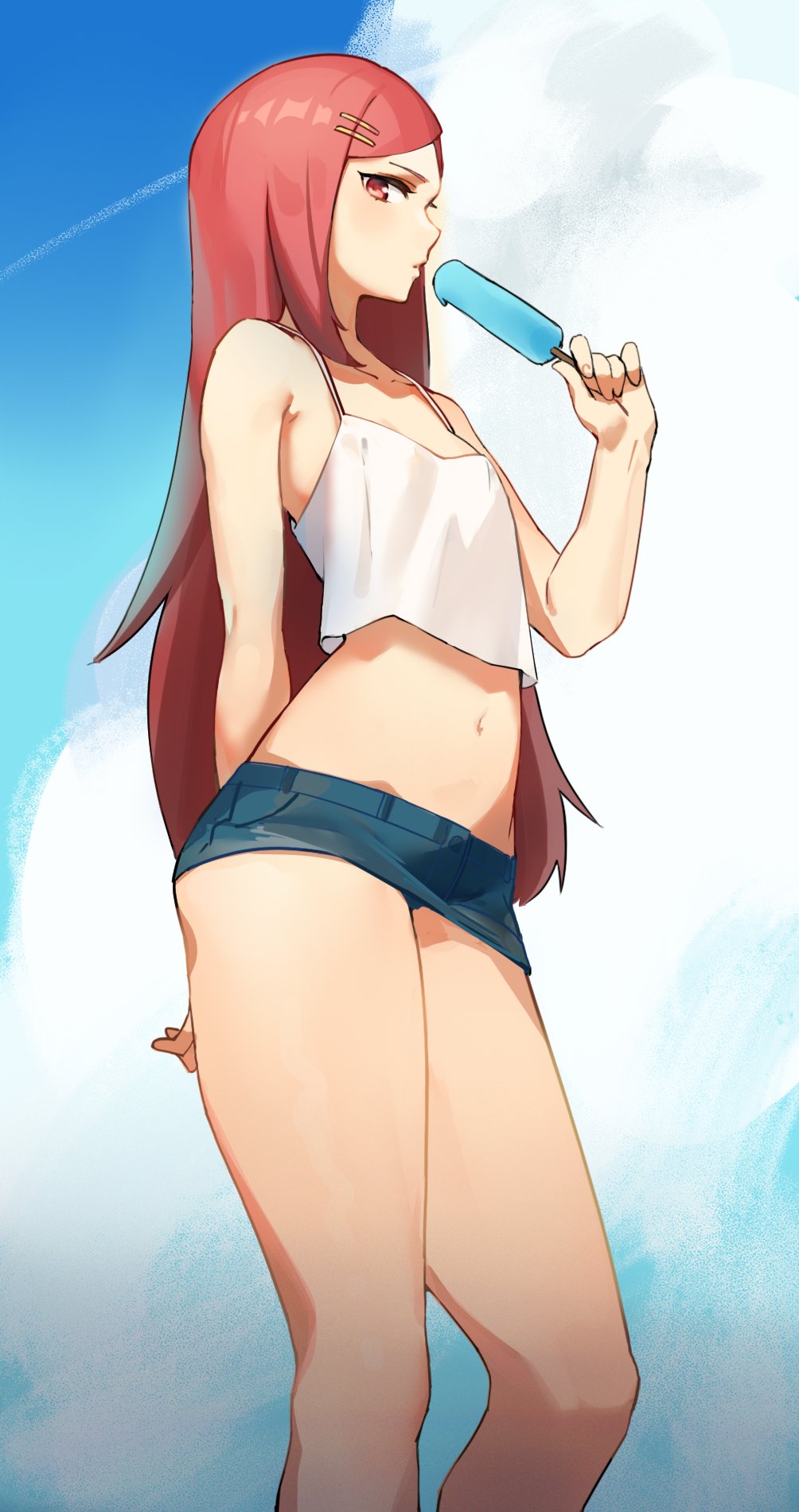1girl, b-11_night_angel, blue_skirt, clouds, condensation_trail, day, denim, denim_skirt