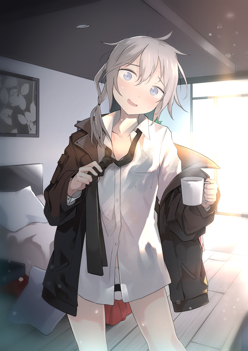 1girl, bed, bedroom, black_neckwear, blush, brown_jacket, cup, girls_frontline
