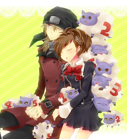 1girl, aragaki_shinjirou, bad_id, beanie, bow, brown_hair, closed_eyes, couple