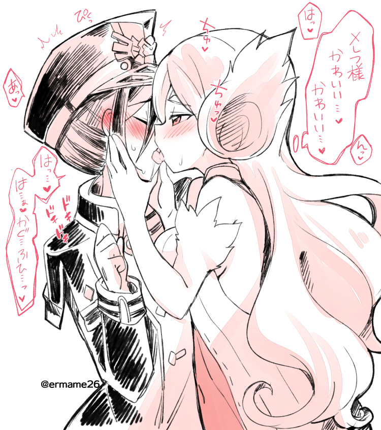 2girls, armor, brighid_(xenoblade), cape, closed_eyes, commentary_request, elbow_gloves, eromame, facing_another, fiery_hair, fire, french_kiss, from_side, gloves, hands_on_another's_cheeks, hands_on_another's_face, hat, heart, kiss, long_hair, long_sleeves, looking_at_another, military, military_hat, military_uniform, monochrome, morag_ladair_(xenoblade), multiple_girls, pauldrons, red_cape, reverse_trap, short_hair, shoulder_armor, simple_background, thought_bubble, translation_request, twitter_username, uniform, white_background, xenoblade_chronicles_(series), xenoblade_chronicles_2, yuri