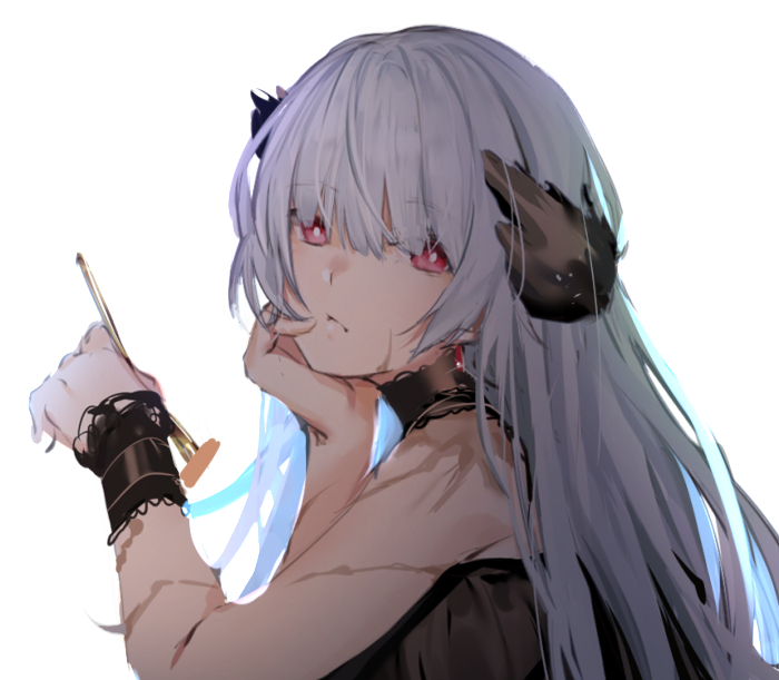 1girl, arm_support, bangs, black_dress, douya_(233), dress, eyebrows_visible_through_hair, fork