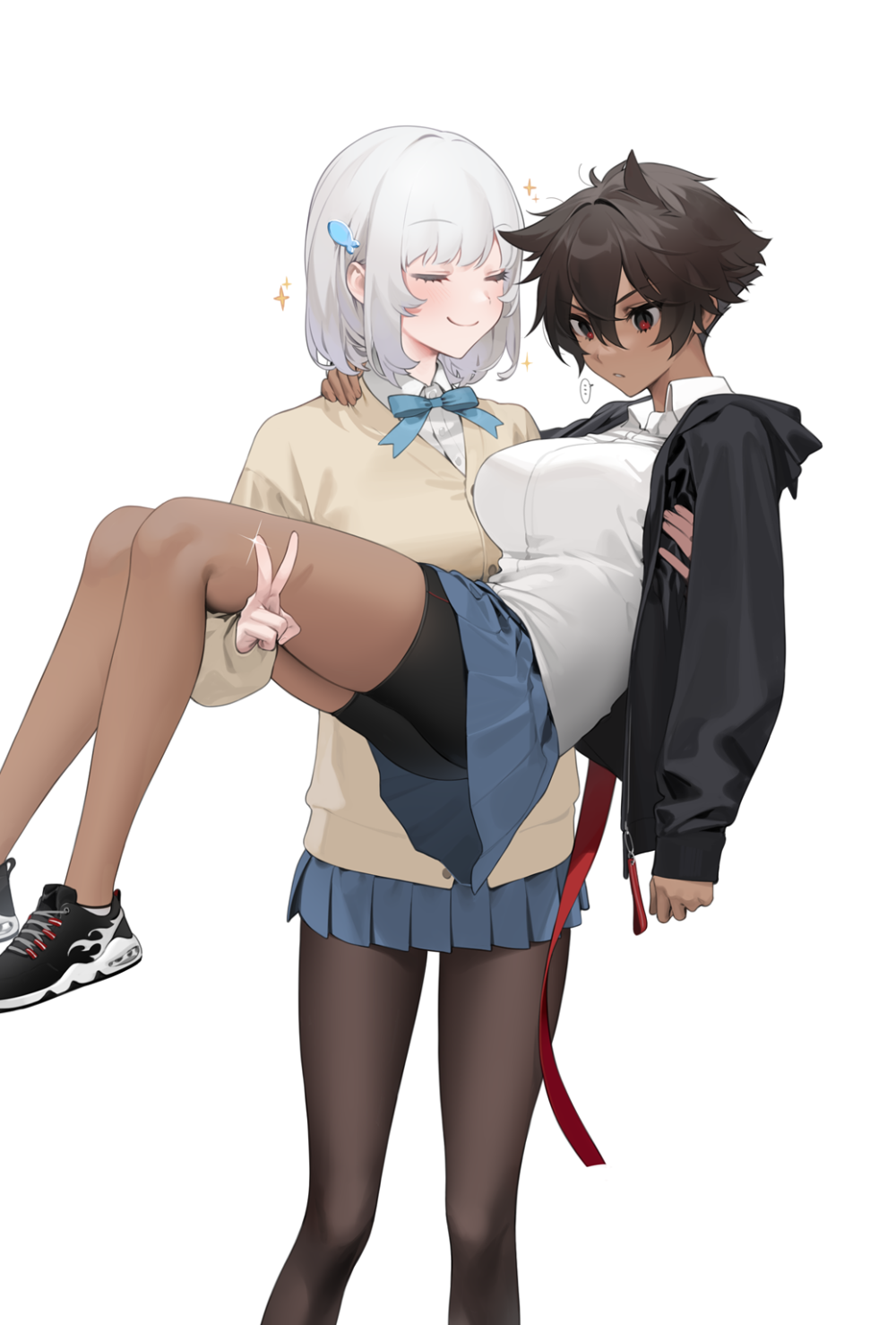 ..., 2girls, black_jacket, blue_neckwear, blue_skirt, breasts, brown_hair, cardigan