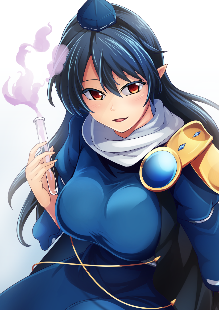 ashiroku_(miracle_hinacle), black_hair, blue_dress, breasts, cowboy_shot, dress, eyebrows_behind_hair, from_above
