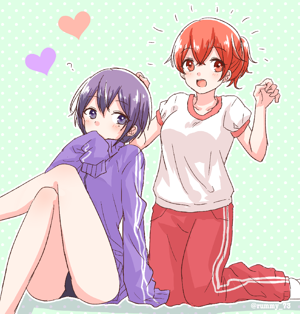 2girls, aho_no_sakata, clothes, gym_shorts, gym_uniform, multiple_girls, panties, ponytail