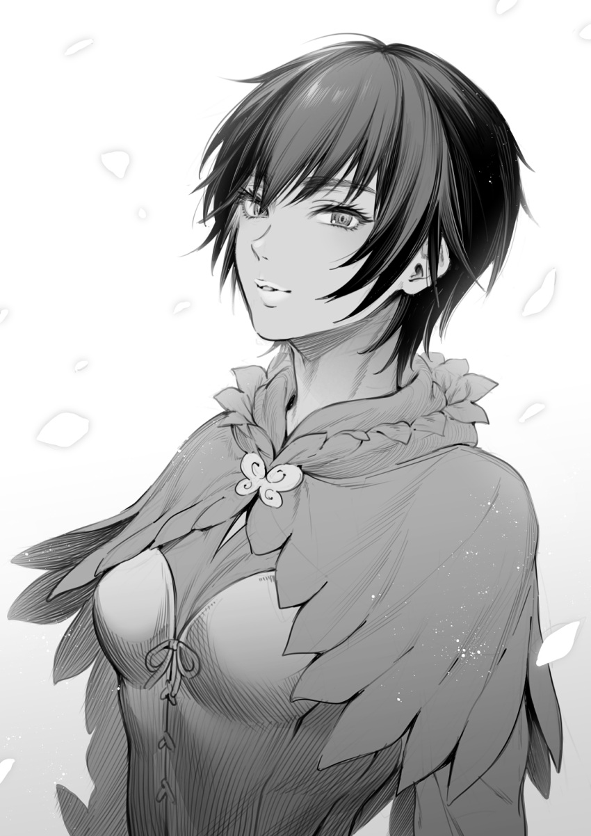 1girl, bangs, berserk, breasts, capelet, casca_(berserk), dark-skinned_female, dark_skin, greyscale, highres, hizuki_akira, lips, looking_at_viewer, medium_breasts, monochrome, parted_lips, petals, short_hair, simple_background, solo, upper_body