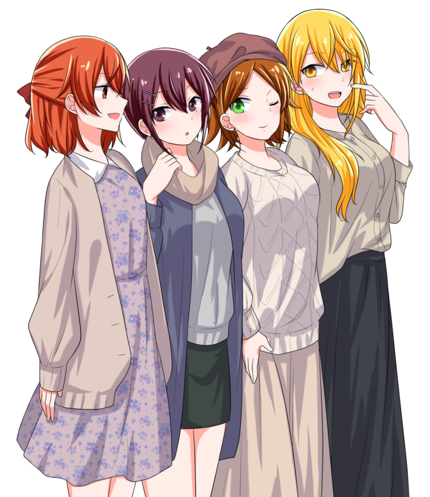 aho_no_sakata, blonde_hair, brown_hair, closed_eyes, dress, fashion, green_eyes, hat