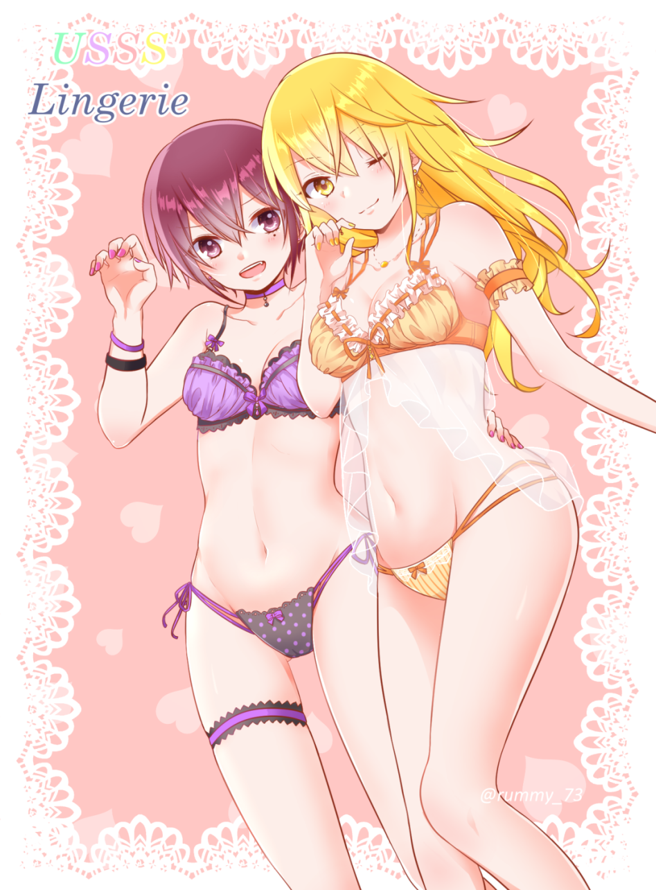 2girls, bikini, blonde_hair, breasts, closed_eyes, earrings, highres, jewelry