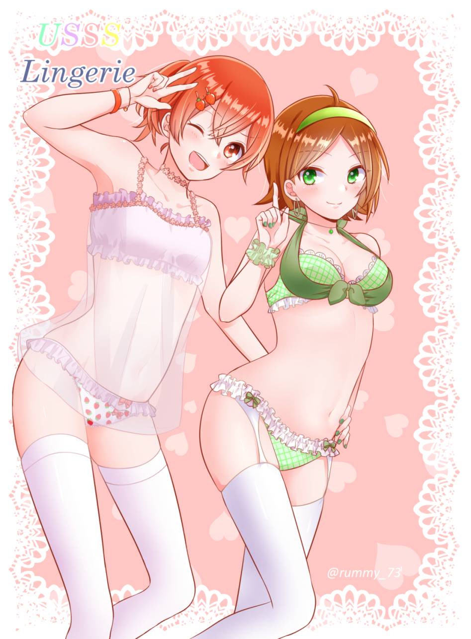 2girls, aho_no_sakata, bikini, breasts, brown_hair, calf_socks, earrings, food, fruit, green_eyes, green_nails, hair_ornament, hairclip, headband, highres, jewelry, lingerie, multiple_girls, navel, niconico, red_nails, redhead, rummy_73, sakako_(aho_no_sakata), short_hair, stomach, strawberry, swimsuit, underwear, urako_(uratanuki), urashimasakatasen, uratanuki, utaite_(singer), wrist