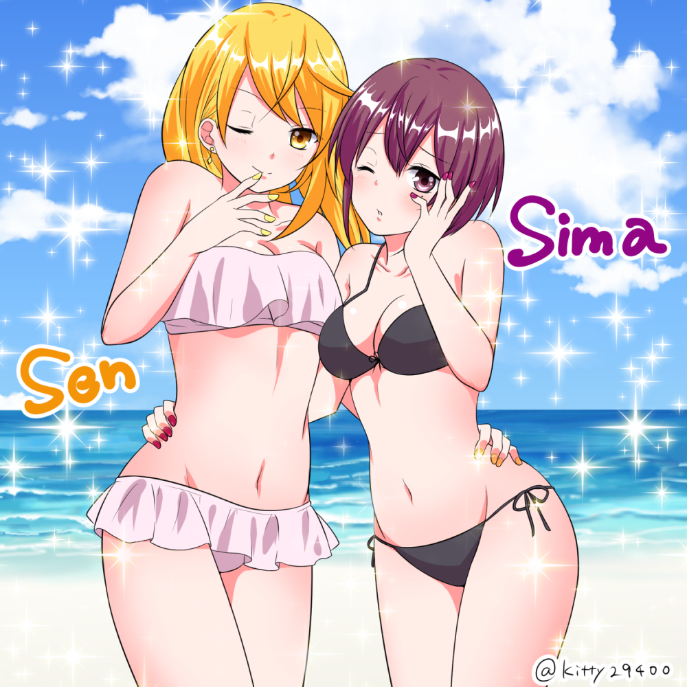 2girls, beach, bikini, blonde_hair, breasts, closed_eyes, earrings, jewelry