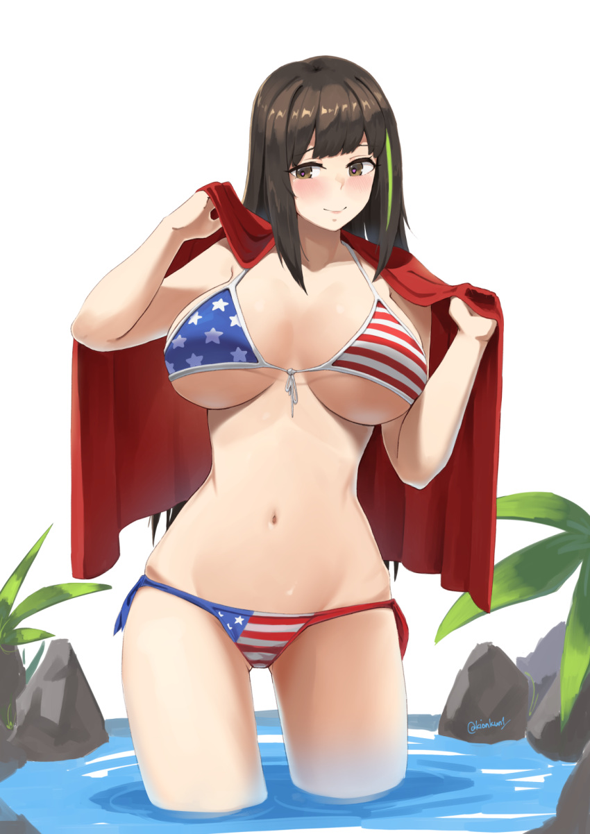 1girl, american_flag_bikini, ass_visible_through_thighs, bare_shoulders, bikini, blush, breasts, breasts_apart