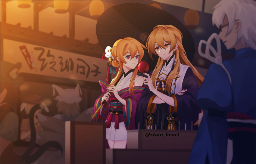 1boy, 4girls, animal_ears, arong, artist_name, bangs, blonde_hair, blue_jacket