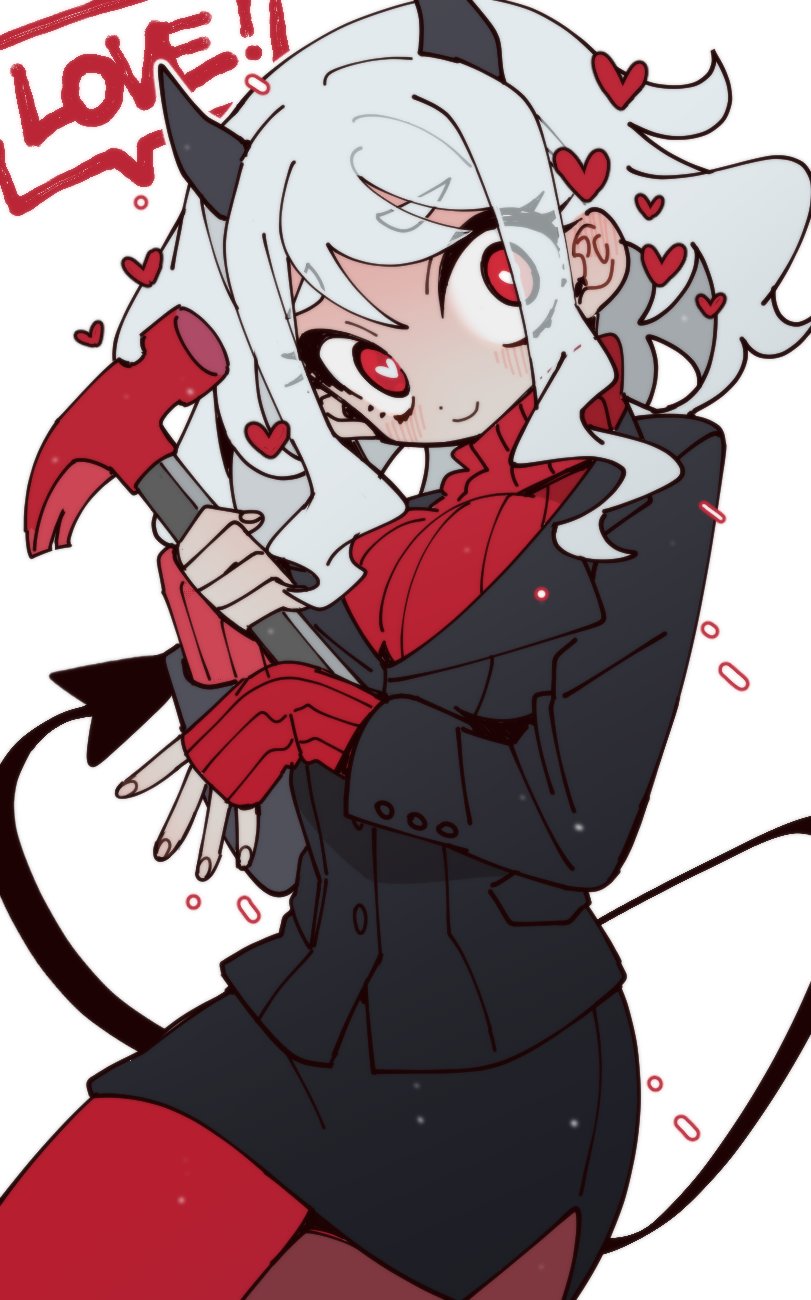 black_jacket, black_skirt, demon_girl, demon_horns, demon_tail, floating_heart, friedbirdchips, hammer, heart, heart-shaped_pupils, helltaker, highres, holding, holding_hammer, horns, jacket, looking_at_viewer, medium_hair, modeus_(helltaker), pantyhose, pencil_skirt, red_eyes, red_legwear, red_sweater, skirt, sleeves_past_wrists, suit_jacket, sweater, symbol-shaped_pupils, tail, white_hair