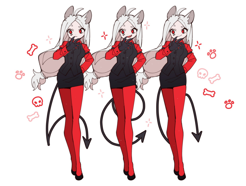 3girls, ahoge, animal_ears, black_footwear, black_gloves, black_neckwear, black_vest, cartoon_bone
