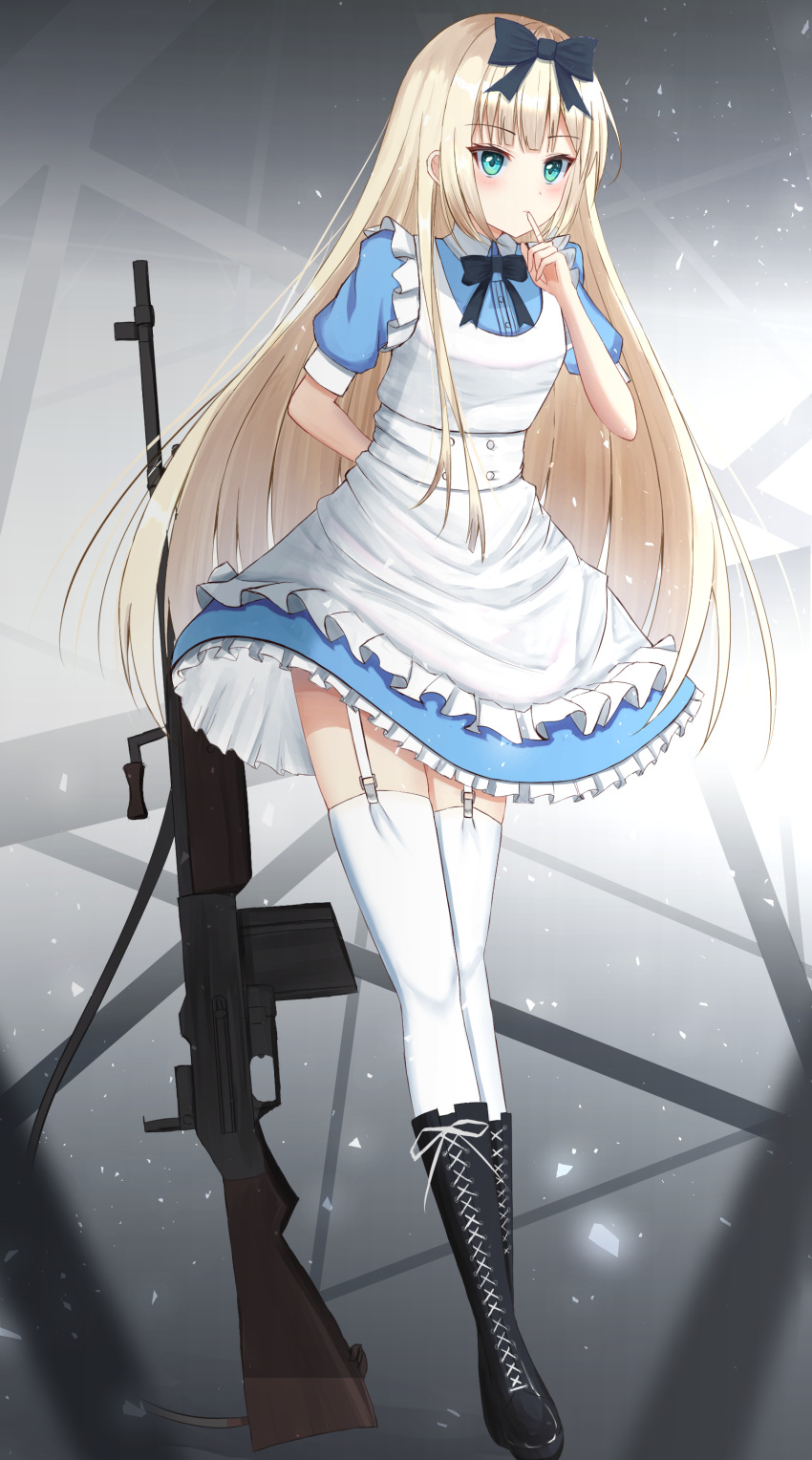 1girl, absurdres, alice_(wonderland), alice_in_wonderland, arm_behind_back, black_footwear, blonde_hair, boots, bow, cross-laced_footwear, dress, eyebrows_visible_through_hair, finger_to_mouth, garter_straps, green_eyes, gun, hair_between_eyes, hair_bow, highres, iris37337, knee_boots, lace-up_boots, long_hair, looking_at_viewer, machine_gun, pinafore_dress, short_sleeves, thigh-highs, thighhighs_under_boots, weapon, weapon_request, white_legwear
