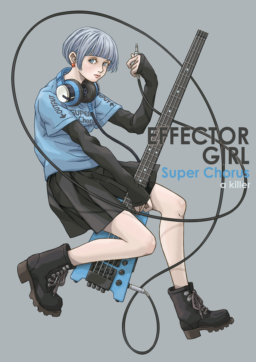 1girl, a_killer, ankle_boots, artist_name, black_skirt, black_sleeves, blue_shirt, bob_cut, boots, cable, cross-laced_footwear, electric_guitar, english_text, grey_background, grey_hair, guitar, headphones, headphones_around_neck, highres, instrument, lace-up_boots, layered_sleeves, long_sleeves, looking_at_viewer, original, shirt, short_hair, short_over_long_sleeves, short_sleeves, skirt, t-shirt