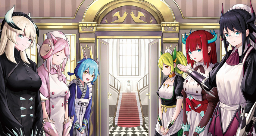 6+girls, black_hair, blue_hair, dragonmaid_chame, dragonmaid_hausky, dragonmaid_laudry, dragonmaid_nasary, dragonmaid_parla