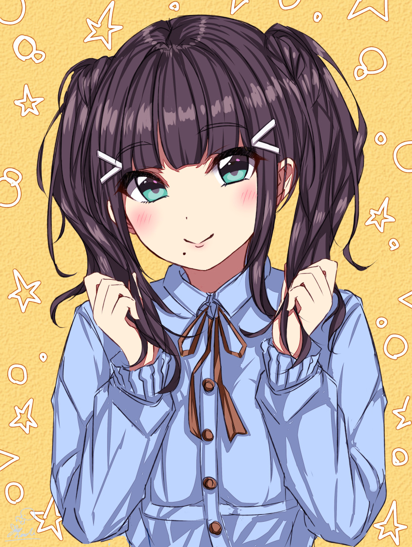 1girl, absurdres, aqua_eyes, bangs, black_hair, blue_shirt, blunt_bangs, blush